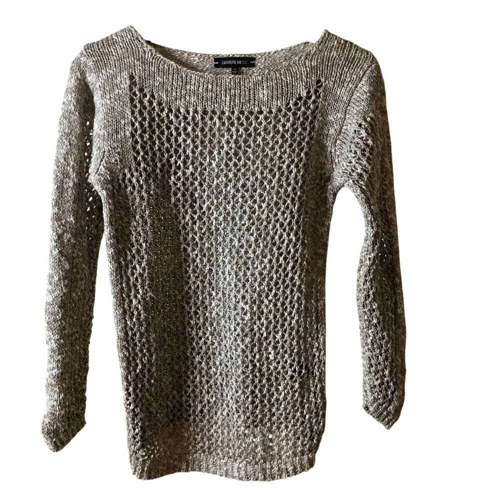LAFAYETTE 148 Open Knit Linen Cotton Sweater S Taupe Gray Layering Lightweight